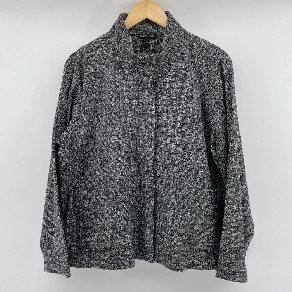 Eileen Fisher Textured Organic Cotton Tweed Stand Collar Zip Jacket Size Large - Picture 2 of 10